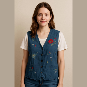 Vintage embroidered floral denim vest with attached shirt